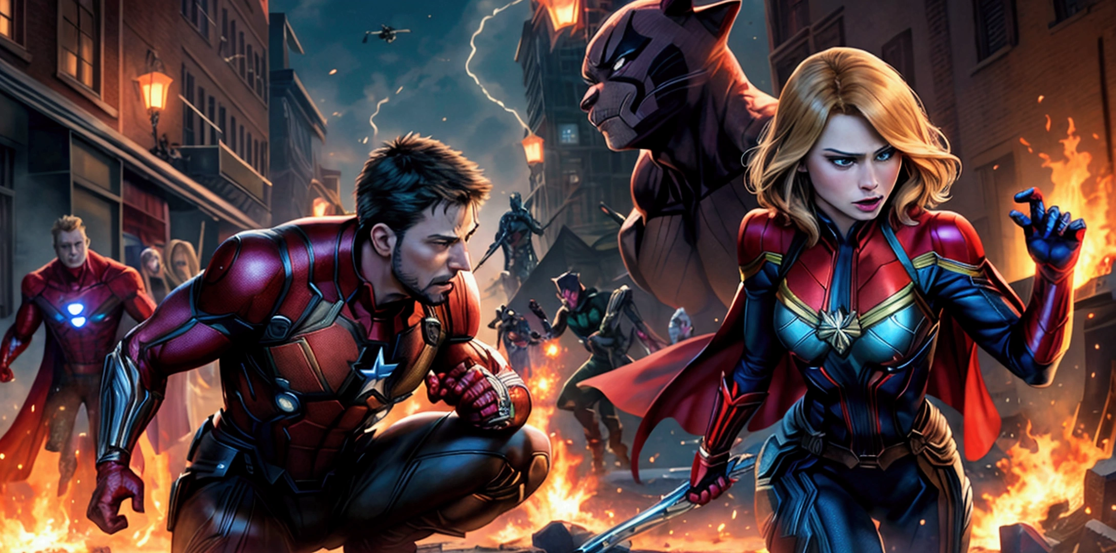 Very detailed,Superhero Waghting Stance,Captain America,Captain Marvel,Iron Man,Thor,Doctor Strange,Ant-Man,Groot,Rocket Raccoon,Spider-Man,Black Panther,Black Widow,Hawkeye,the hulk,Scarlet Witch,Attack each other,Intricate details,There are other superheroes in the distance,Collapsed streets,The flames of war,realistic