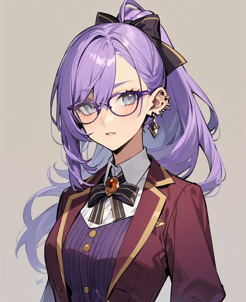 Female,5'5,glasses ,pierced ears,light skin,grey eyes,purple long hair in a high ponytail ,hogwards uniform