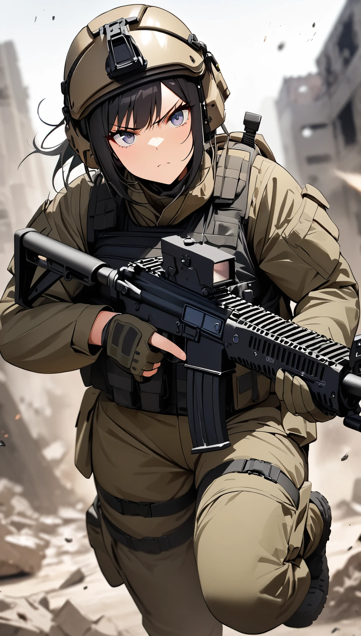 (masterpiece,Highest quality,Ultra-high resolution),One Woman,Japanese,Black Hair,Short Bob,(((Beautiful Eyes,Beautiful Hair,Beautiful Skin,Beautiful Face))),Serious,whole body,(((Gunfight))),(Dynamic Movement),((Small machine gun)),SWAT Uniforms,Black bulletproof vest, Combat Boots, Black Tactical Forster,Tactical Headset,Tactical Helmet,(The background is the rubble of ruins),(((Background Blur)))