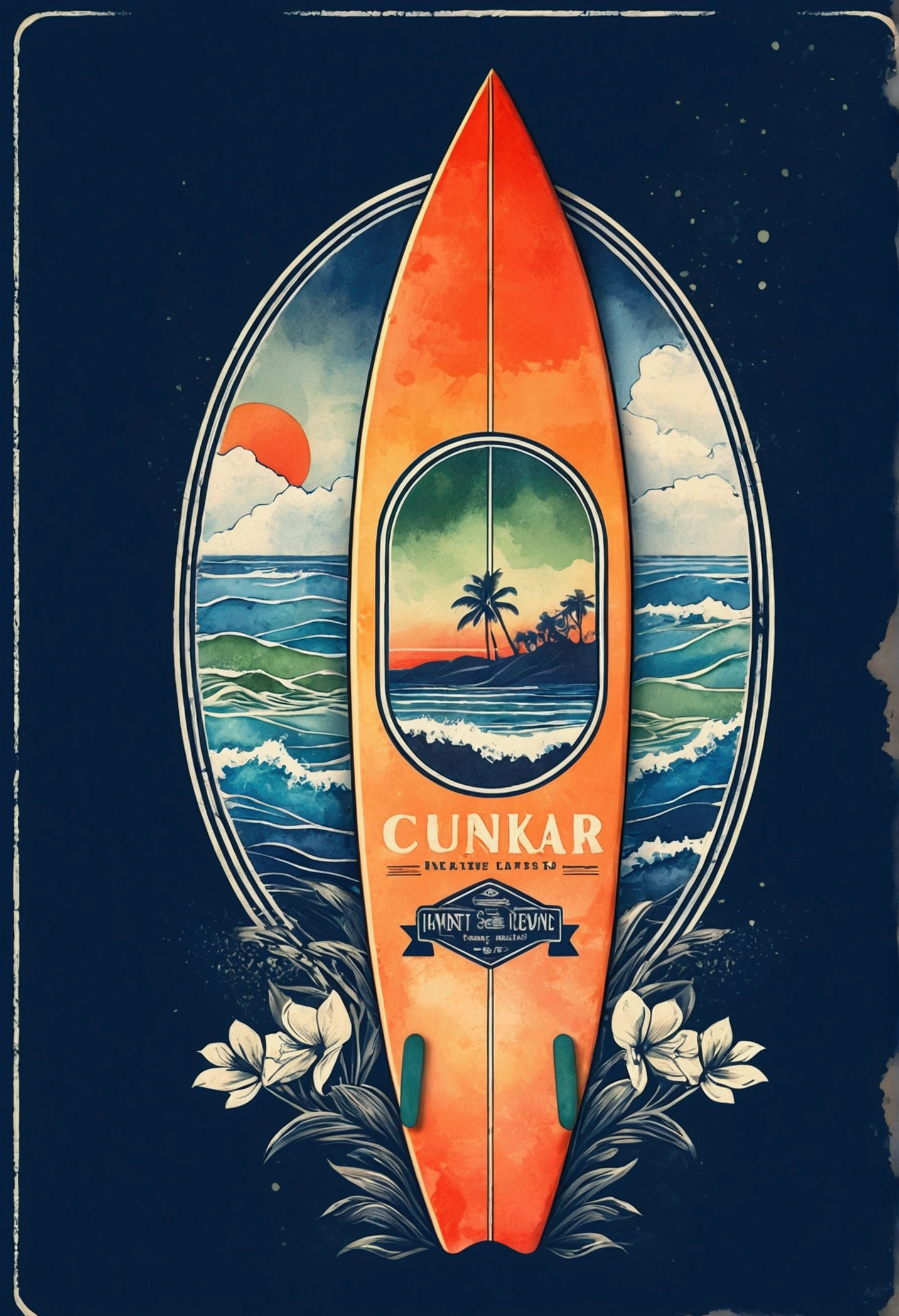 Create a vintage travel poster of an old surfboard, in soft tones, with no background, using nostalgic illustration techniques. A retro design in an old typography and worn textures." The-shirt vector, 2D art, vector; Shading and gradients, Art Nouveau, vibrant colors and synthwave. Vector design, thin lines, central composition, soft background, palette (dark blue , orange, red, olive green), watercolor logo style with printed effect, monochrome background, from yukisakura, with original and incredible colors.