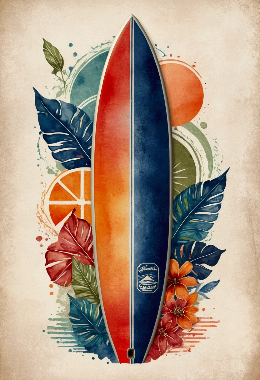 Create a vintage travel poster of an old surfboard, in soft tones, with no background, using nostalgic illustration techniques. A retro design in an old typography and worn textures." The-shirt vector, 2D art, vector; Shading and gradients, Art Nouveau, vibrant colors and synthwave. Vector design, thin lines, central composition, soft background, palette (dark blue , orange, red, olive green), watercolor logo style with printed effect, monochrome background, from yukisakura, with original and incredible colors.