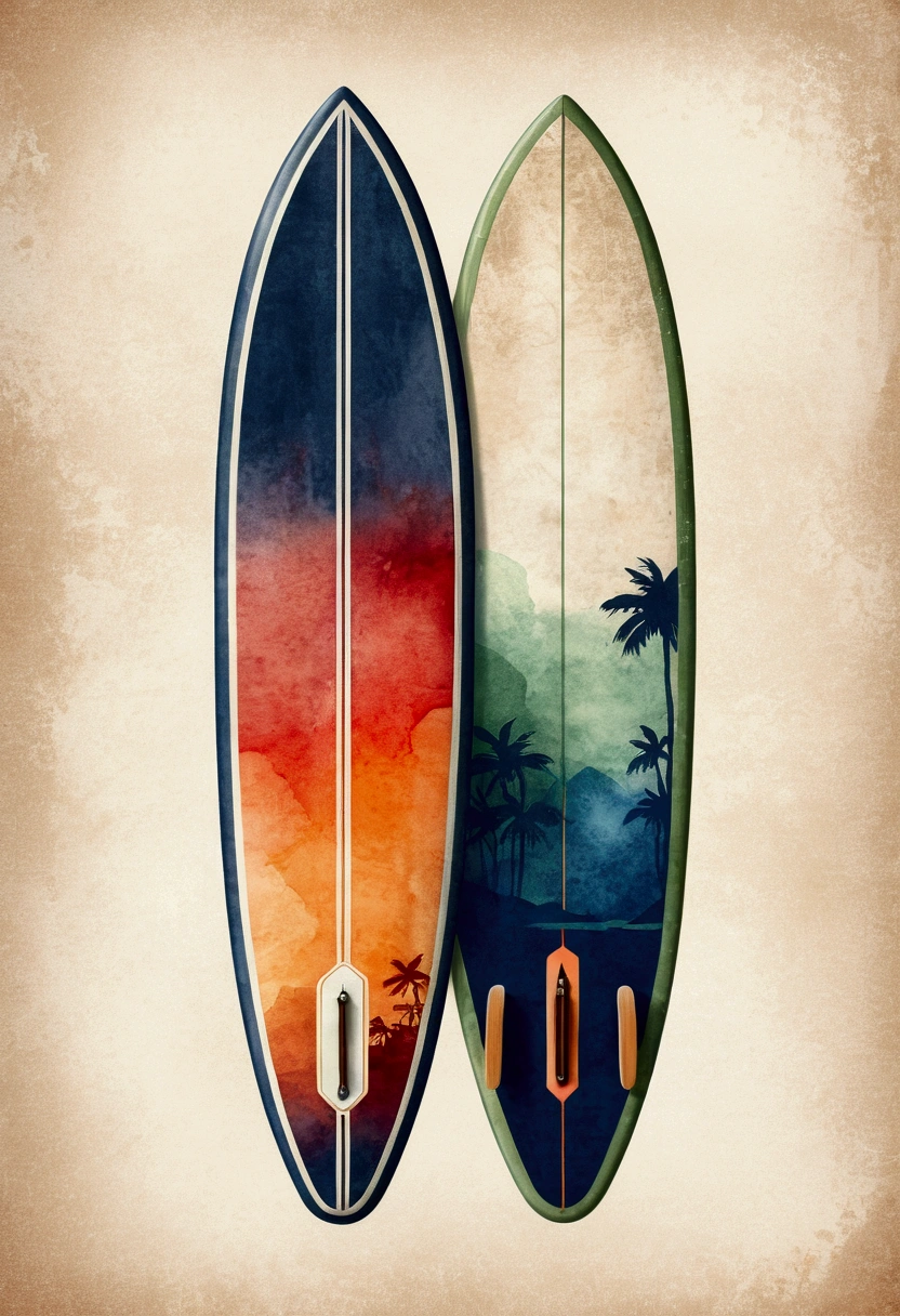 Create a vintage travel poster of an old surfboard, in soft tones, with no background, using nostalgic illustration techniques. A retro design in an old typography and worn textures." The-shirt vector, 2D art, vector; Shading and gradients, Art Nouveau, vibrant colors and synthwave. Vector design, thin lines, central composition, soft background, palette (dark blue , orange, red, olive green), watercolor logo style with printed effect, monochrome background, from yukisakura, with original and incredible colors.