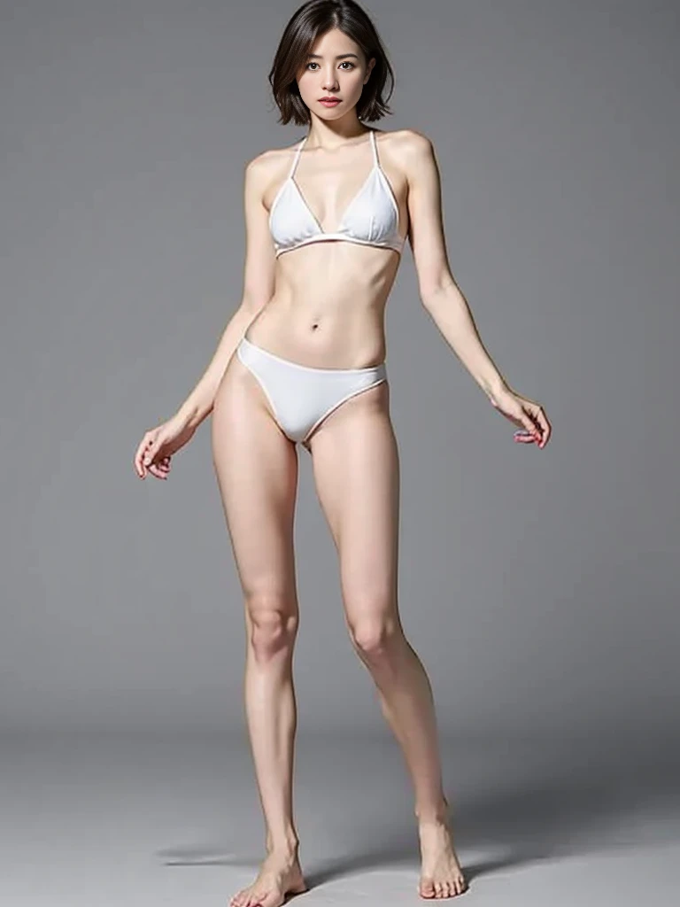 masterpiece,Realistic,resident evil,(((Gray background)))、Dirty 6:1,Very beautiful 25 year old tall slim Korean girl,Sexy white bikini ripped and exposed ,White transparent thong reaches down to the crotch,barefoot,Random full body exposure,Extreme Exhibitionism,(((Random exposure of the whole body))),Beautiful face、sHighest quality、Presidential expression、Japanese women、Thighs、