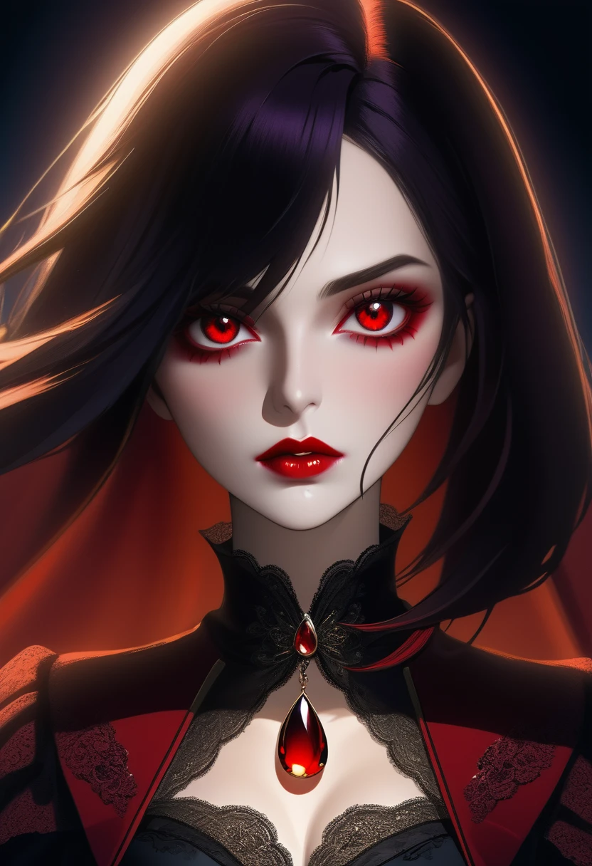 a portrait of vampire with a bloody tear coming down from he eye, an exotic beautiful female vampire, dynamic hair color, dynamic hair style, ultra detailed face, best detailed face, dynamic eye color, ((ingle red teardrop, teardrop made of blood coming down from the eye: 1.3)),  Ultra-high resolution, High Contrast, (masterpiece:1.5), highest quality, Best aesthetics), 16K fantasy art, best details, best quality, highres, (ultra wide angle: 1.2), 16k, [ultra detailed], masterpiece, best quality, (extremely detailed), ladyshadow, magical sky,