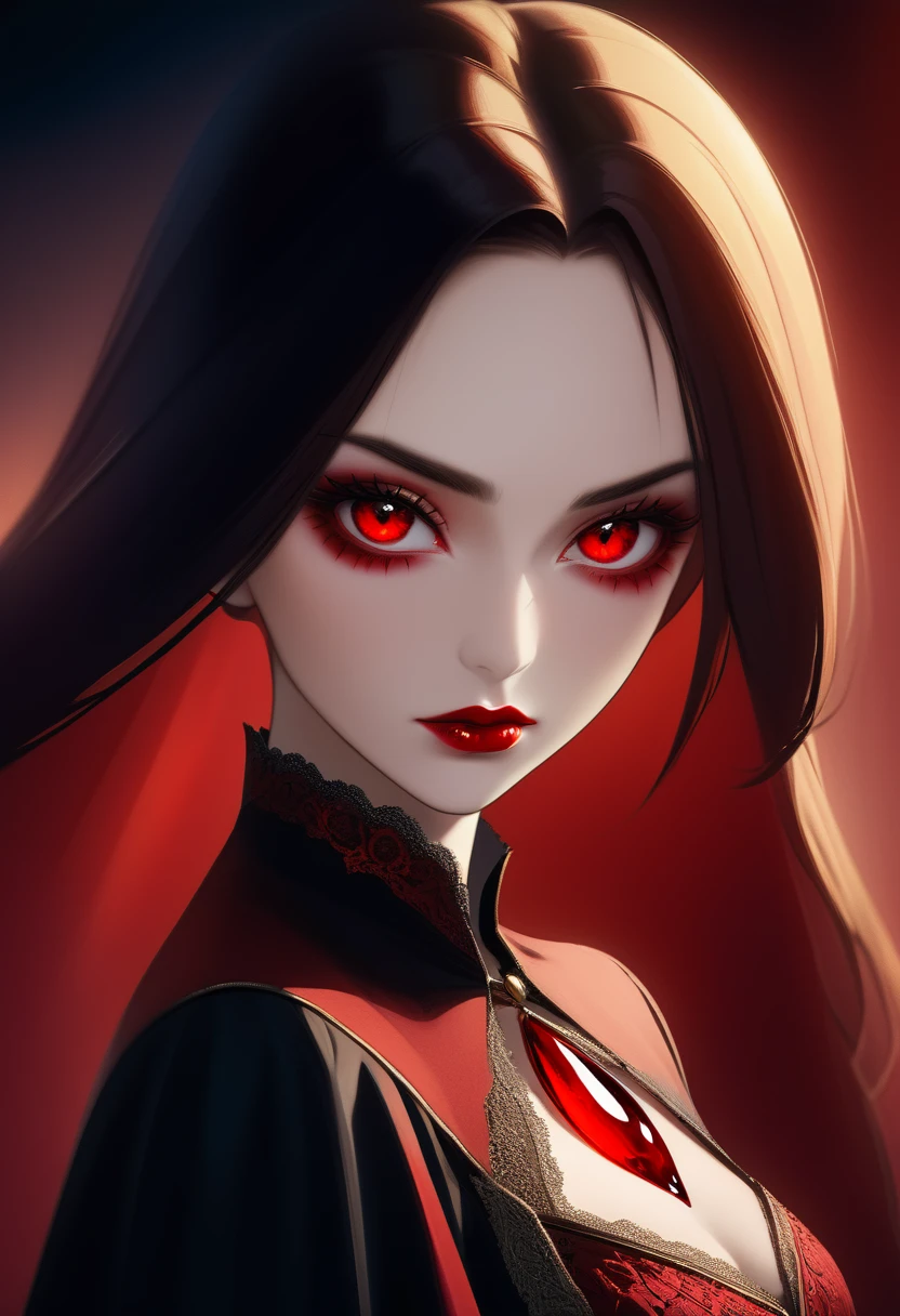 a portrait of vampire with a bloody tear coming down from he eye, an exotic beautiful female vampire, dynamic hair color, dynamic hair style, ultra detailed face, best detailed face, dynamic eye color, ((1single red teardrop, teardrop made of blood coming down from the eye: 1.3)),  Ultra-high resolution, High Contrast, (masterpiece:1.5), highest quality, Best aesthetics), 16K fantasy art, best details, best quality, highres, (ultra wide angle: 1.2), 16k, [ultra detailed], masterpiece, best quality, (extremely detailed), ladyshadow, magical sky,