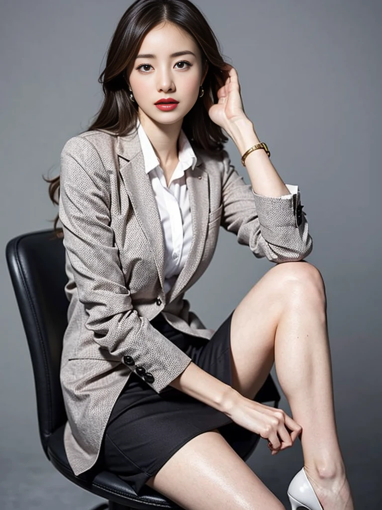 、Gray background、Backwards、Glare、business suit、mini skirt、White high heels、Red lipstick、Sitting in a chair、Spreading her legs、Panties are visible through the skirt、