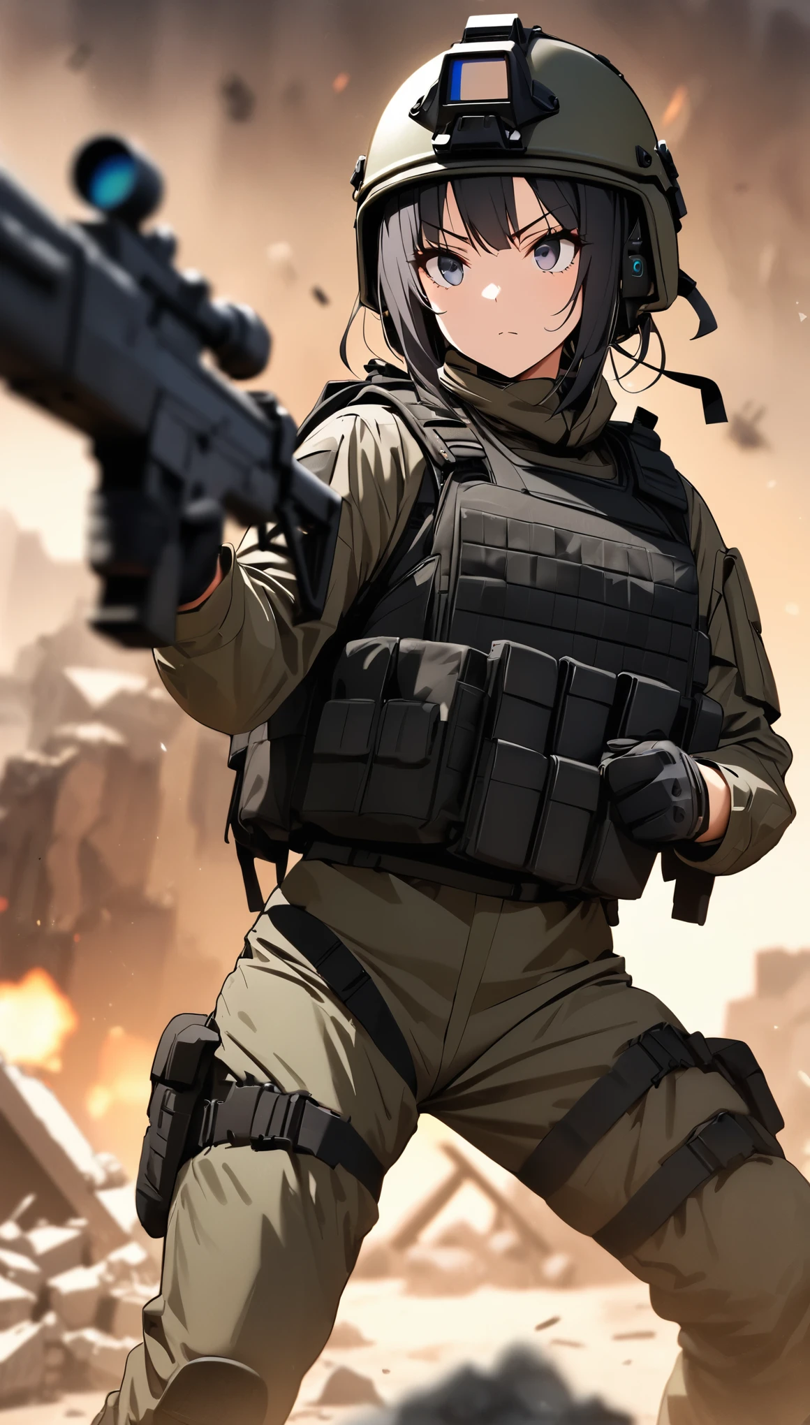 (masterpiece,Highest quality,Ultra-high resolution),One Woman,Japanese,Black Hair,Short Bob,(((Beautiful Eyes,Beautiful Hair,Beautiful Skin,Beautiful Face))),Serious,whole body,(((Gunfight))),(Dynamic Movement),((Small machine gun)),SWAT Uniforms,Black bulletproof vest, Combat Boots, Black Tactical Forster,Tactical Headset,Tactical Helmet,(The background is the rubble of ruins),(((Background Blur)))