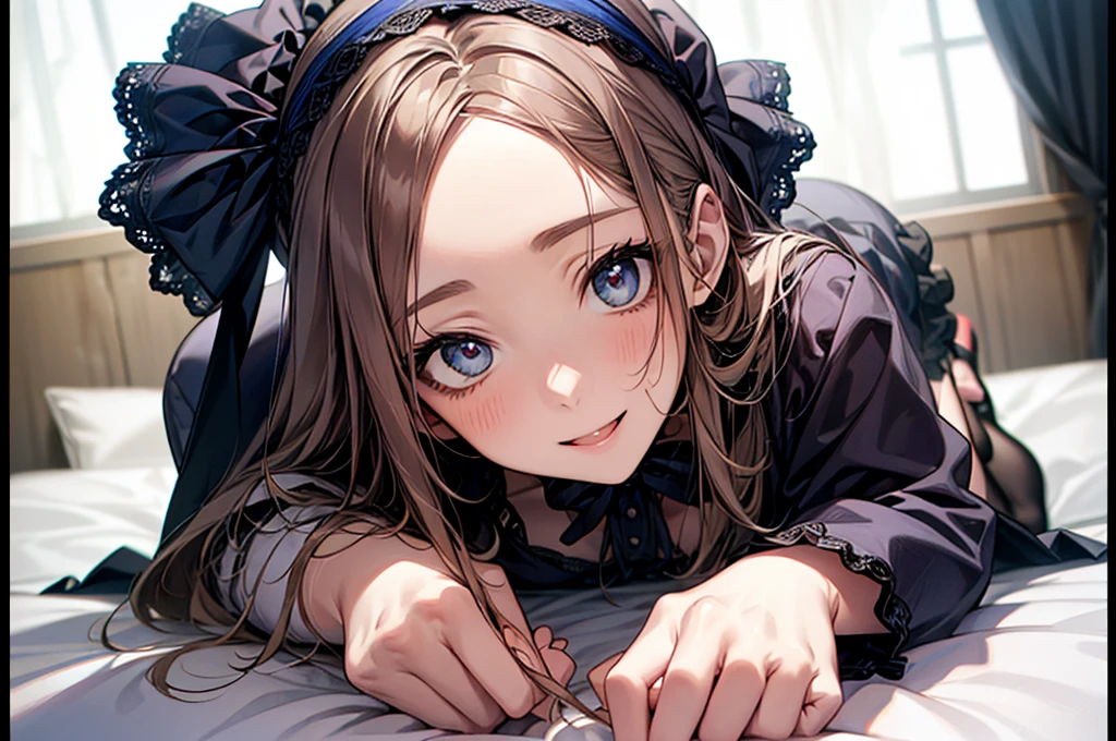 (Biologically correct limb count)、Full body, including face、4K、masterpiece、Focus on the face、Well-proportioned facial features、Delicate descriptive eyes、One beautiful woman、Excellent style、(head band、Gothic ta、Blue clothes、High heels)、(smile)、(Close-up photo of the upper body)、look up、Photos with white borders、Looking into the camera、Lie down in bed、