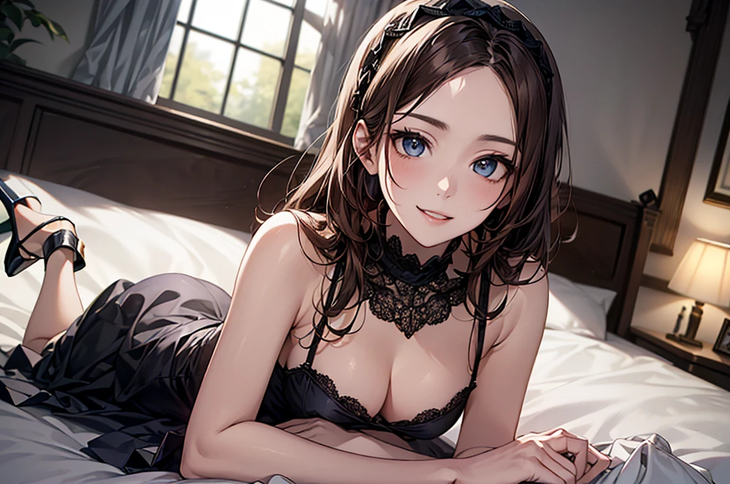 (Biologically correct limb count)、Full body, including face、4K、masterpiece、Focus on the face、Well-proportioned facial features、Delicate descriptive eyes、One beautiful woman、Excellent style、(head band、Gothic ta、Blue clothes、High heels)、(smile）、(Close-up photo of the upper body）、look up、Photos with white borders、Looking into the camera、Lie down in bed、