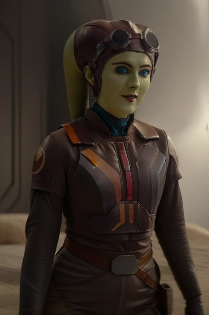 cinematic film still star wars hera syndulla sigh at tequila wolf score_9, score_8_up, score_7_up, score_6_up, score_5_up, score_4_up, ((( hera syndulla ))) wearing wearing armor
, blue eyes, tentacle hair, ((( hera syndulla ))) , green skin, colored skin, facial mark, medium breasts, ((black with red trim flame dress skirt)), no pants, bare shoulders, guantlets, hip armor, skirt, pants, brown boots, solo, seductively lying on bed in her lingerie, nude ,seductive smile, looking at viewer, indoors