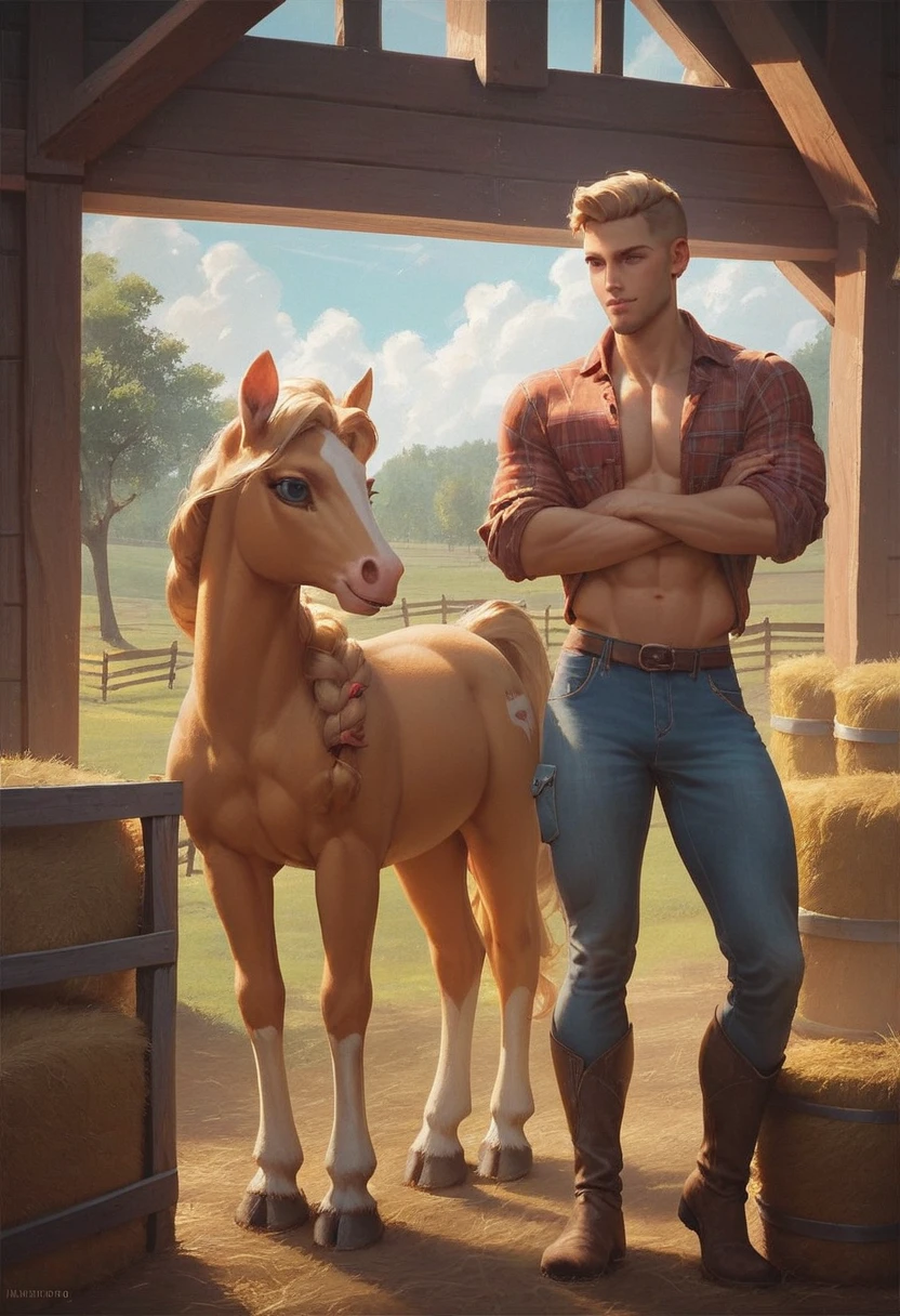 score_9, score_8, score_7_up, 1girl, 2boy, magnificent body, A luscious milkmaid has fun with her boyfriend on a farm