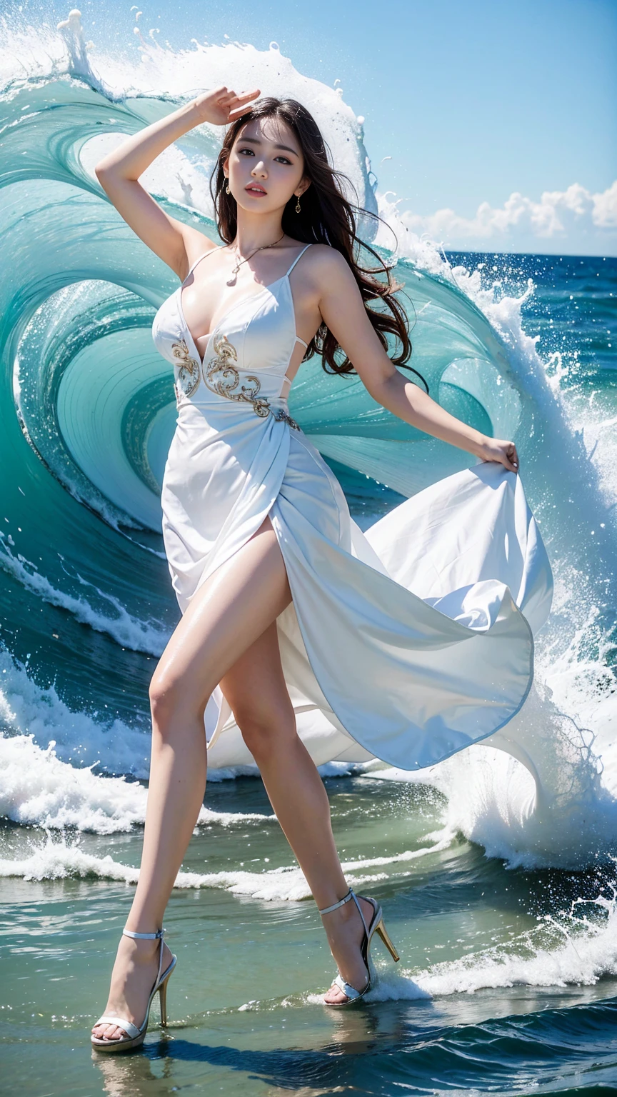 best quality,masterpiece,Ultra-high resolution,(Practical:1.4),original photo,Ultra-high resolution,8K,There are women,White skin,Exquisite makeup,Big Wave,Turquoise dress,High heel,Long legs,Bright and beautiful,Random Pause,