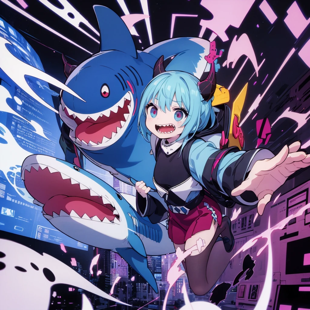 Cartoon devil,Open mouth and show shark-like teeth,ghost,blue,Electronic glitch style,The album cover