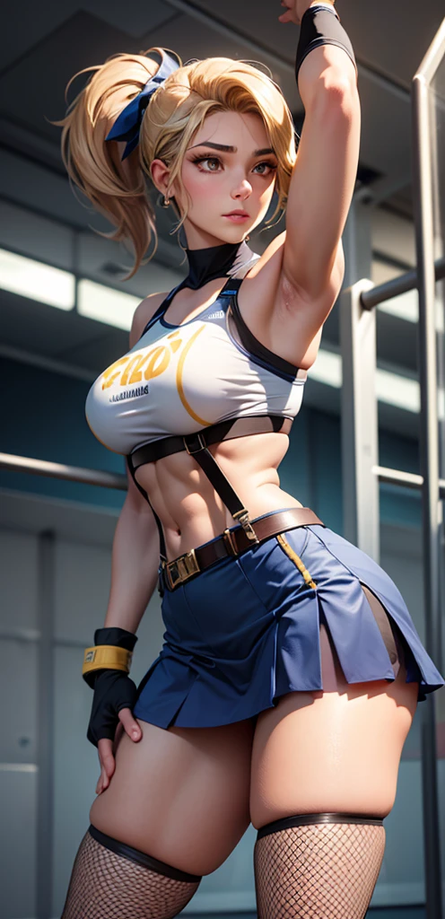 an old Cheerleader，mature woman 
wearing pantyhose and Stockings with suspenders, belt, and fishnet stockings.Golden long hair; eyes are clear sapphire blue; a ponytail; healthy bronze skin; a well-proportioned and smooth figure; muscles are firm yet not lacking in feminine softness; the leg lines are tight and powerful, with a flat and firm abdomen; the top is bright yellow, with a fitted cut that reveals the abdomen, embroidered with the team's emblem on the chest, and her name "Skye" is embroidered in large letters on the back, highlighting her personal identity. The bottom is a black skirt with a gold trim on the hem, which swings lightly with the movement, showing feminine elegance without hindering the execution of any difficult movements. She wears white wrist guards and knee pads, which are not only decorative but also important equipment for protecting the body during training and competition. Her professional cheerleading shoes, which match the uniform in color, provide good support and grip, ensuring that every jump and landing is safe and stable.thick thighs，fleshy thighs，revealing her thighs，big natural breasts，huge round breasts，busty girl，supermodel figure，perfect body