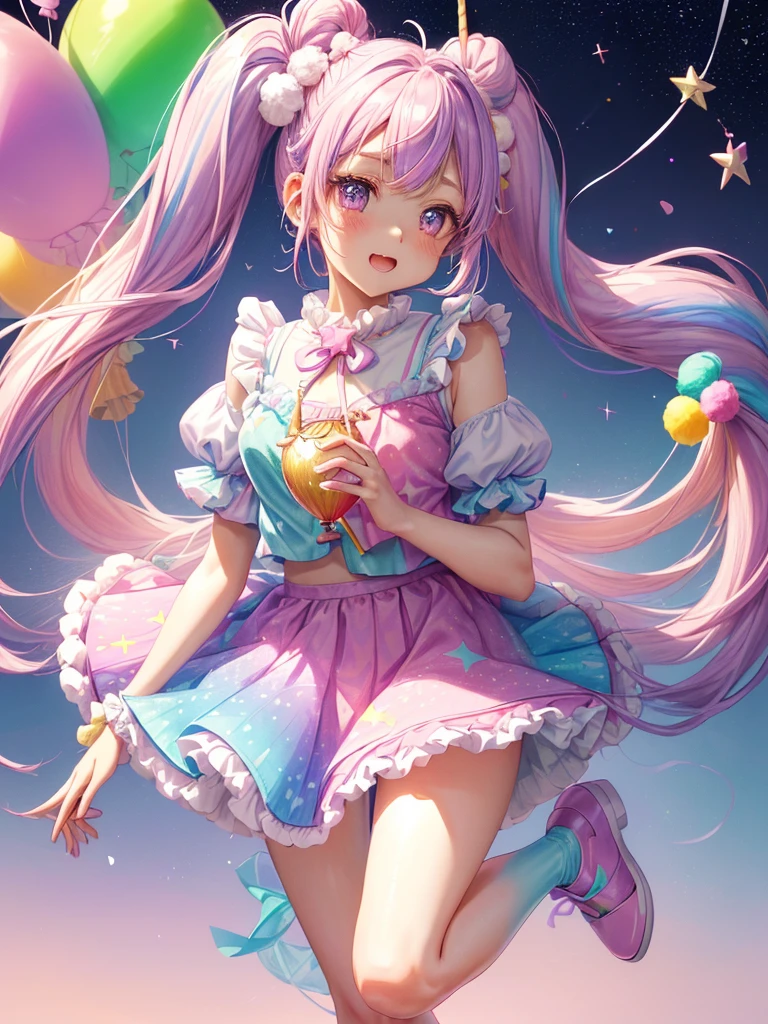 (whole body, legs and shoes visible: 1.2)) Expressive eyes, One girl, Pale skin, Long Hair, Windblown Hair, ((absurdly Long Hair)), Long Side Lock, Princess bangs, Hair bangs, Hair Bun, ((Very long twin tails)), Rainbow Hair, Light pink hair, blush, full face blush, big sparkling Pastel Purple eyes, (Gradient Eye), Laughing with your mouth open, cute pose, ((Holding a balloon : 1.3)) ((cute and pastel fashion)) ((🦄🎠🎈🎉 theme : 1.4)) A loose pastel dress, ((Dreamy multi-colored open dress)), (Floating ribbon), Lavender Frill, Pink frills, (Light blue lace), Removable short sleeves, Fluffy skirt, ((Rainbow and star printed skirt : 1.3)), ta Skirt, Purple ribbon, ((pom pom ribbon hair ornament : 1.4)), Multiple Bows, Striped lace stockings, (heart型のレッグガーター), cute (Pastel Purple) shoes ((Ultra-detailed clothing and fashion)) I'm watching you, Vintage Girl, blush, (Beautiful attention to detail), (Highly detailed CG Unity 8k wallpaper) (Best Shadow), ((Very delicate and beautiful)), (Detailed light), ((Depth of written boundary)) Big Head, Big, bright eyes, Moe, Splash Art, Cinema Lighting, Front view, volumetric lighting maximalist photo illustration k resolution high resolution intricate detailed complex key visuals precise linear ((Dreamy pastel sky background, Surrounded by sunset clouds, shooting star, Castle above the clouds)) ((Ultra-detailed landscapes, Foggy clouds, Hung by balloons, heart : 1.3))