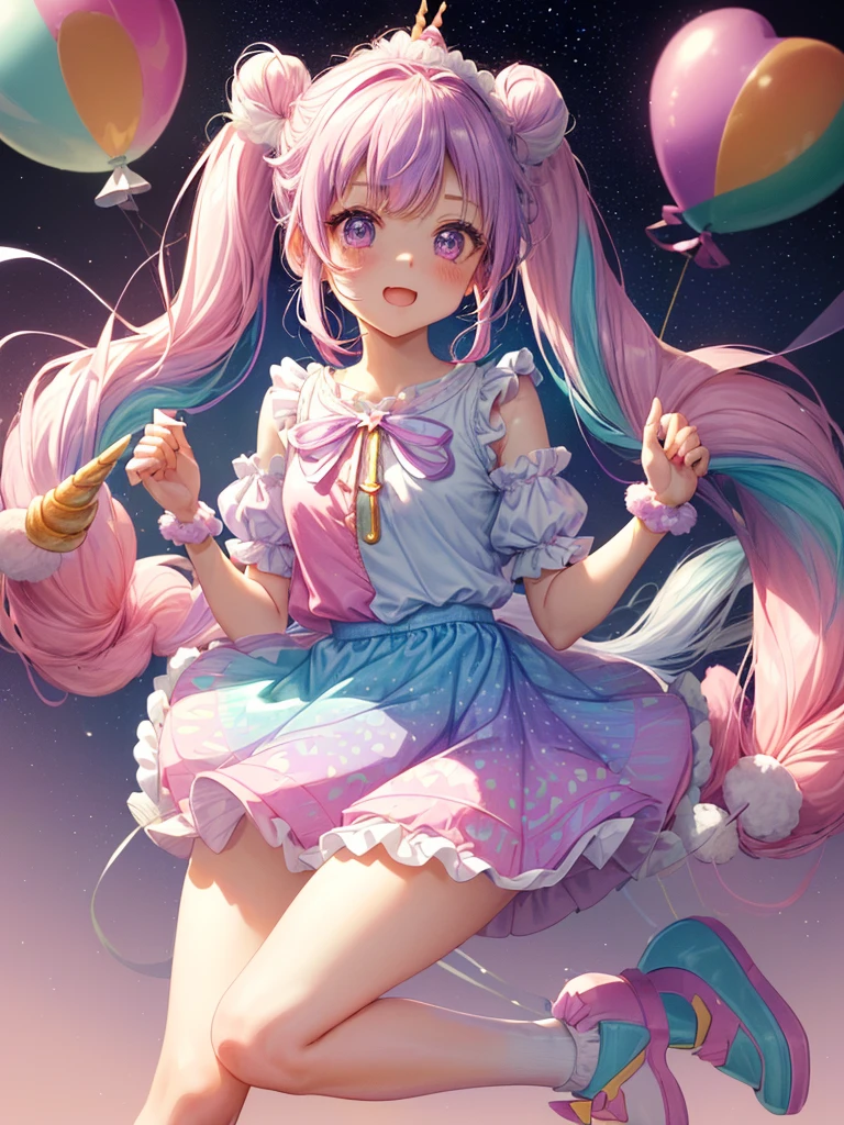 (whole body, legs and shoes visible: 1.2)) Expressive eyes, One girl, Pale skin, Long Hair, Windblown Hair, ((absurdly Long Hair)), Long Side Lock, Princess bangs, Hair bangs, Hair Bun, ((Very long twin tails)), Rainbow Hair, Light pink hair, blush, full face blush, big sparkling Pastel Purple eyes, (Gradient Eye), Laughing with your mouth open, cute pose, ((Holding a balloon : 1.3)) ((cute and pastel fashion)) ((🦄🎠🎈🎉 theme : 1.4)) A loose pastel dress, ((Dreamy multi-colored open dress)), (Floating ribbon), Lavender Frill, Pink frills, (Light blue lace), Removable short sleeves, Fluffy skirt, ((Rainbow and star printed skirt : 1.3)), Lolita Skirt, Purple ribbon, ((pom pom ribbon hair ornament : 1.4)), Multiple Bows, Striped lace stockings, (heart型のレッグガーター), cute (Pastel Purple) shoes ((Ultra-detailed clothing and fashion)) I'm watching you, Vintage Girl, blush, (Beautiful attention to detail), (Highly detailed CG Unity 8k wallpaper) (Best Shadow), ((Very delicate and beautiful)), (Detailed light), ((Depth of written boundary)) Big Head, Big, bright eyes, Moe, Splash Art, Cinema Lighting, Front view, volumetric lighting maximalist photo illustration k resolution high resolution intricate detailed complex key visuals precise linear ((Dreamy pastel sky background, Surrounded by sunset clouds, shooting star, Castle above the clouds)) ((Ultra-detailed landscapes, Foggy clouds, Hung by balloons, heart : 1.3))