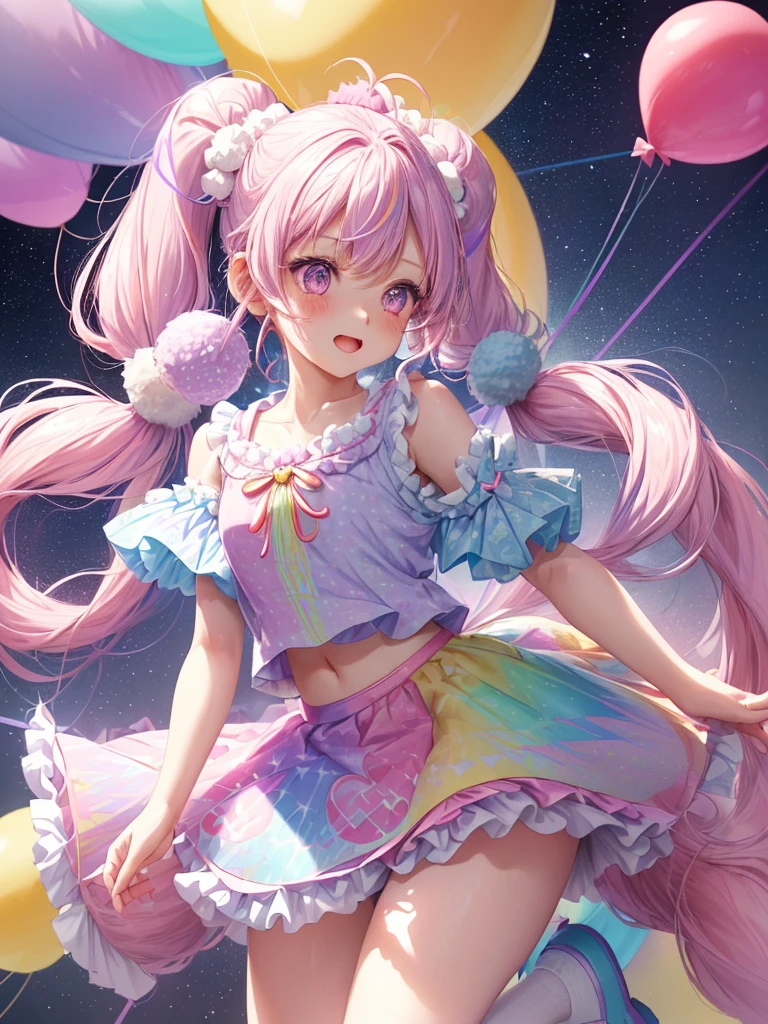 (whole body, legs and shoes visible: 1.2)) Expressive eyes, One girl, Pale skin, Long Hair, Windblown Hair, ((absurdly Long Hair)), Long Side Lock, Princess bangs, Hair bangs, Hair Bun, ((Very long twin tails)), Rainbow Hair, Light pink hair, blush, full face blush, big sparkling Pastel Purple eyes, (Gradient Eye), Laughing with your mouth open, cute pose, ((Holding a balloon : 1.3)) ((cute and pastel fashion)) ((🦄🎠🎈🎉 theme : 1.4)) A loose pastel dress, ((Dreamy multi-colored open dress)), (Floating ribbon), Lavender Frill, Pink frills, (Light blue lace), Removable short sleeves, Fluffy skirt, ((Rainbow and star printed skirt : 1.3)), Lolita Skirt, Purple ribbon, ((pom pom ribbon hair ornament : 1.4)), Multiple Bows, Striped lace stockings, (heart型のレッグガーター), cute (Pastel Purple) shoes ((Ultra-detailed clothing and fashion)) I&#39;m watching you, Vintage Girl, blush, (Beautiful attention to detail), (Highly detailed CG Unity 8k wallpaper) (Best Shadow), ((Very delicate and beautiful)), (Detailed light), ((Depth of written boundary)) Big Head, Big, bright eyes, Moe, Splash Art, Cinema Lighting, Front view, volumetric lighting maximalist photo illustration k resolution high resolution intricate detailed complex key visuals precise linear ((Dreamy pastel sky background, Surrounded by sunset clouds, shooting star, Castle above the clouds)) ((Ultra-detailed landscapes, Foggy clouds, Hung by balloons, heart : 1.3))