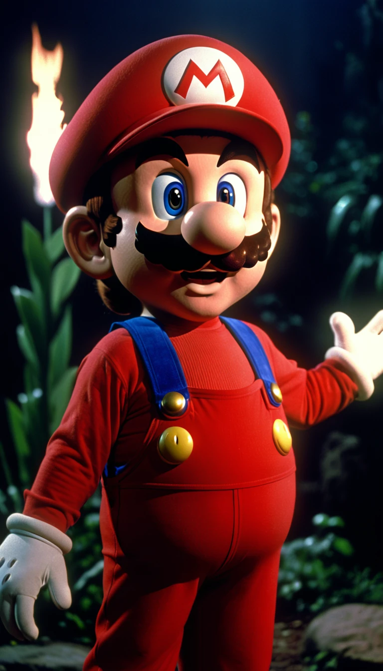 mario character from super mario bros, dvd screenshot, cinematic lighting, 1980s video, realistc human, vhs, dark fantasy ambient