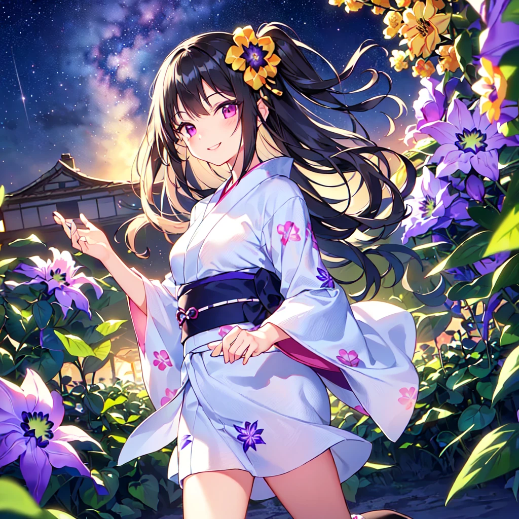 masterpiece, best quality, high quality, extremely detailed, very delicate and beautiful, (1 female 18 years old solo:1.5), (long black hair up to waist with two side up:1.5), bangs to eyebrows, eyes Eyes sharp, strong glossy glossy eyes, eyebrows glossy, (eye color magenta:1.3), 6.5 head height, (yukata Passiflora caerulea flower print:1.3), knee socks, lace, frills, (smiling), (running:1.3), (smiling), (dynamic pose), (background Passiflora caerulea flower field:1.3) , (Milky Way Night Sky: 1.3), (upper body:1.3)