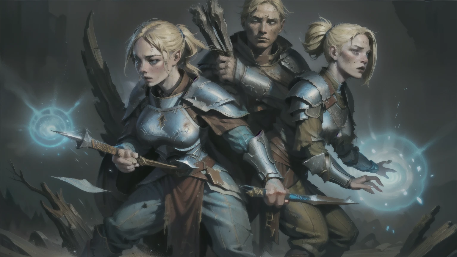 I want 5 characters in a florest, 1 woman with ancient blue medieval battle armor, 2 warrior with honorable stance; 3 woman with blonde hair and mage clothes; 4 man with  and messy clothes; 5 man in villager clothes; and, finally, a background creature with a bestial appearance.
