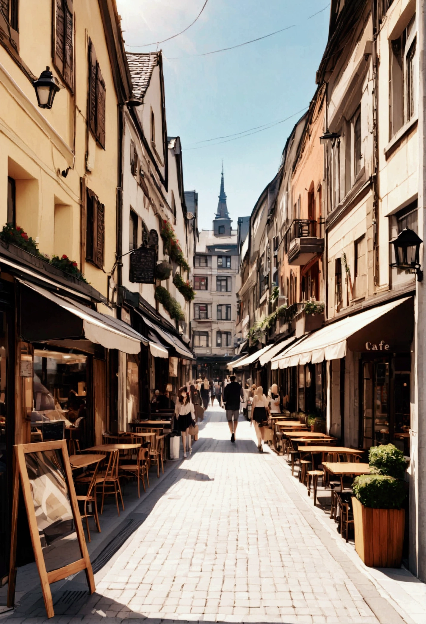 Cafe photo, sunny, architecture, Busy Street, super high quality, Very detailed