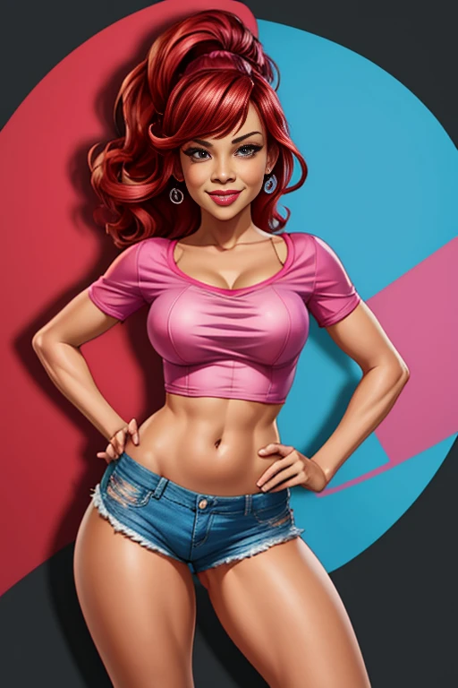 8k, Disney Pixar,  cartoon of a woman with a pink top and blue shorts, cartoon digital art, cartoon artstyle, caricature style, in cartoon style, digital art cartoon, cel shaded!!!, caricature!!!, cartoon digital painting, cel shaded:15, charicature, caricature illustration, cartoon portrait, high detailed cartoon, cartoon art, cartoon art style, realistic cartoon, toon rendering