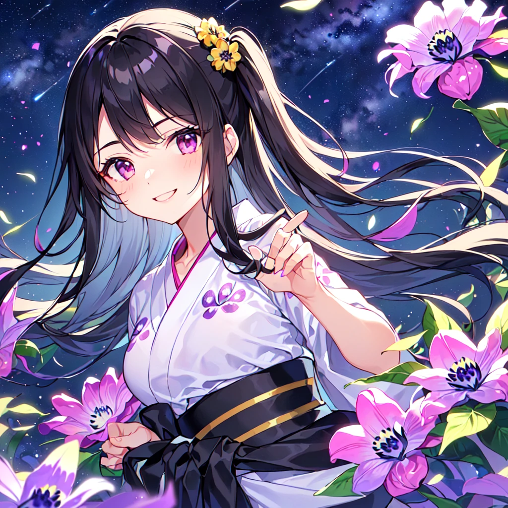 masterpiece, best quality, high quality, extremely detailed, very delicate and beautiful, (1 female 18 years old solo:1.5), (long black hair up to waist with two side up:1.5), bangs to eyebrows, eyes Eyes sharp, strong glossy glossy eyes, eyebrows glossy, (eye color magenta:1.3), 6.5 head height, (yukata Passiflora caerulea flower print:1.3), knee socks, lace, frills, (smiling), (running:1.3), (smiling), (dynamic pose), (background Passiflora caerulea flower field:1.3) , (Milky Way Night Sky: 1.3), (upper body:1.3)