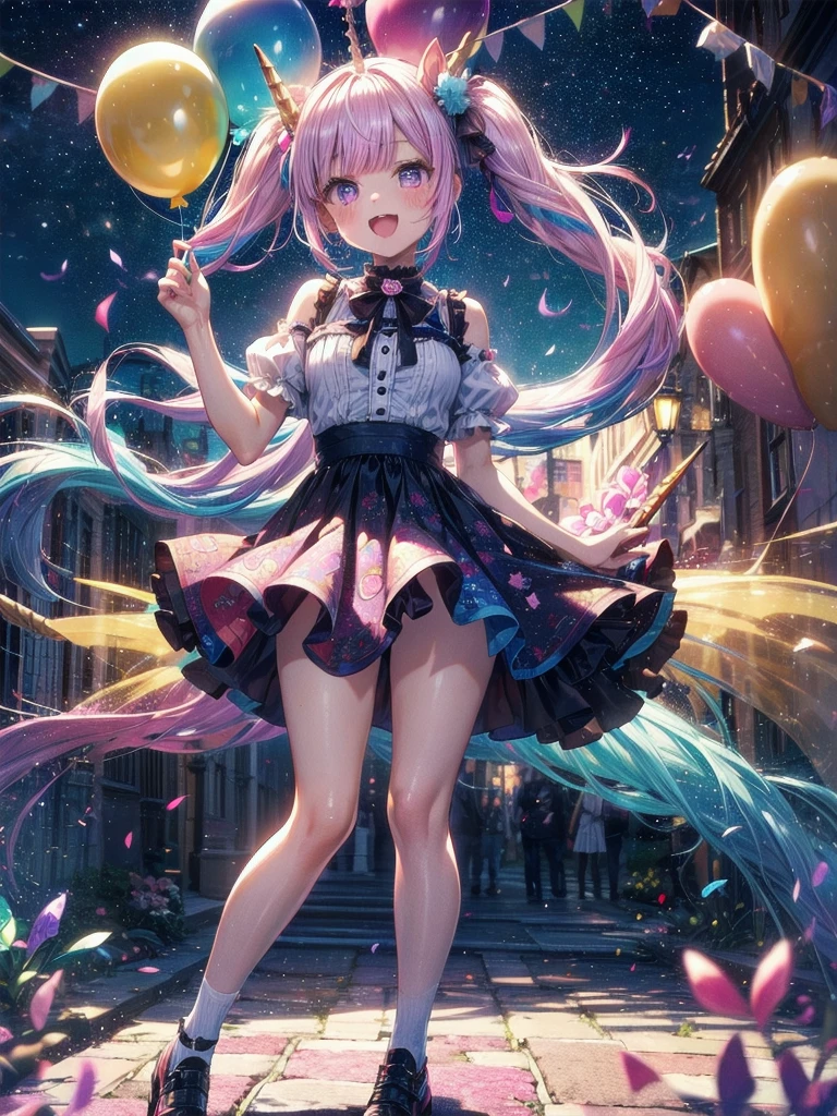 (whole body, legs and shoes visible: 1.2)) Expressive eyes, One girl, Pale skin, Long Hair, Windblown Hair, ((absurdly Long Hair)), Long Side Lock, Princess bangs, Hair bangs, Hair Bun, ((Very long twin tails)), Rainbow Hair, Light pink hair, blush, full face blush, big sparkling Pastel Purple eyes, (Gradient Eye), Laughing with your mouth open, cute pose, ((Holding a balloon : 1.3)) ((cute and pastel fashion)) ((🦄🎠🎈🎉 theme : 1.4)) A loose pastel dress, ((Dreamy multi-colored open dress)), (Floating ribbon), Lavender Frill, Pink frills, (Light blue lace), Removable short sleeves, Fluffy skirt, ((Rainbow and star printed skirt : 1.3)), ta Skirt, Purple ribbon, ((pom pom ribbon hair ornament : 1.4)), Multiple Bows, Striped lace stockings, (heart型のレッグガーター), cute (Pastel Purple) shoes ((Ultra-detailed clothing and fashion)) I'm watching you, Vintage Girl, blush, (Beautiful attention to detail), (Highly detailed CG Unity 8k wallpaper) (Best Shadow), ((Very delicate and beautiful)), (Detailed light), ((Depth of written boundary)) Big Head, Big, bright eyes, Moe, Splash Art, Cinema Lighting, Front view, volumetric lighting maximalist photo illustration k resolution high resolution intricate detailed complex key visuals precise linear ((Dreamy pastel sky background, Surrounded by sunset clouds, shooting star, Castle above the clouds)) ((Ultra-detailed landscapes, Foggy clouds, Hung by balloons, heart : 1.3))