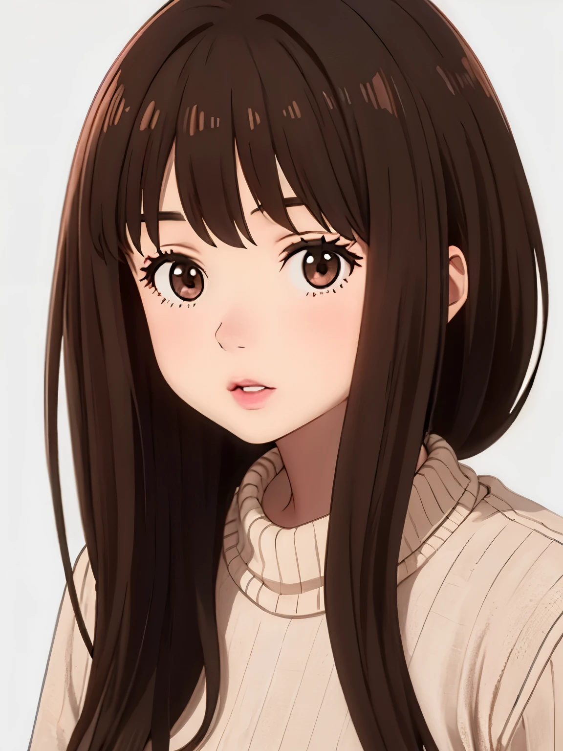 Girl, long straight brown hair, brown eyes, sharp features, white skin, pink lips, perfect, sweater