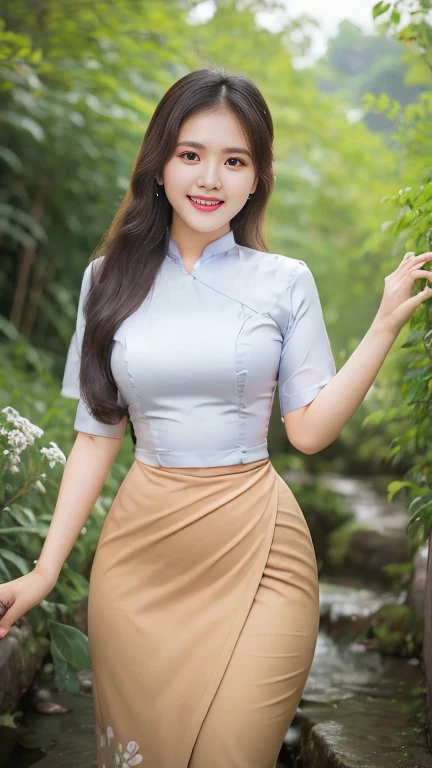 Steady beauty / smiling face / long eyelashes / happy wet eyes / beautiful red lips / white skin / medium breasts / big hips / high hips / tight dress / Burmese women / long skirt printed flower skirt (Myanmar thmi) / short-sleeved jacket / background natural scene / clear / highest shot photo award-winning photo / 3D high-quality nature photo / attracting the photographer with big blue eyes
