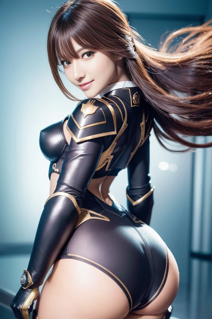 Best quality at best,tmasterpiece,Ultra-high resolution,(Reality:1.4),Detailed details,1girll,Combat posture,cleavage,a beauty girl,mechs,A mechanical,ellegance,Clear focus,gentlesoftlighting,vivd colour,tmasterpiece,cute ass, sexy pose, smile, behind, colorful armor
