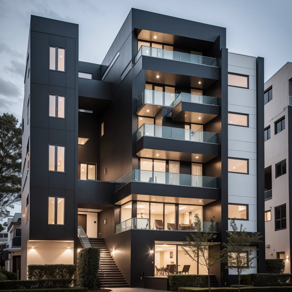 a super realistic editorial photo
of a house in a condominium, made of masonry and metal structure painted black, symmetrical and of contemporary architecture
located in São Paulo, facing a large lake
the photo was taken with a 150mm lens on a canon 5d mark 4
on an evening, and in the house there are lights on inside.