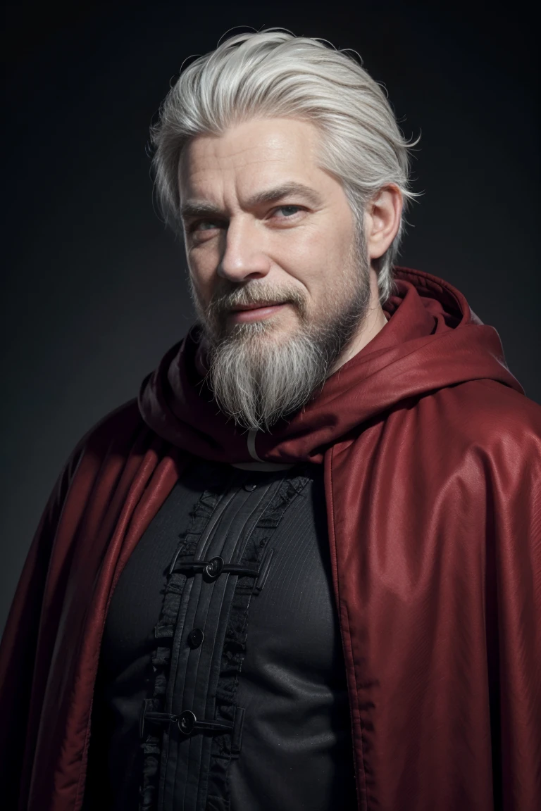 a middle-aged man with a beard and white hair, red religious cloak, evil grin, fully body, Eyes red