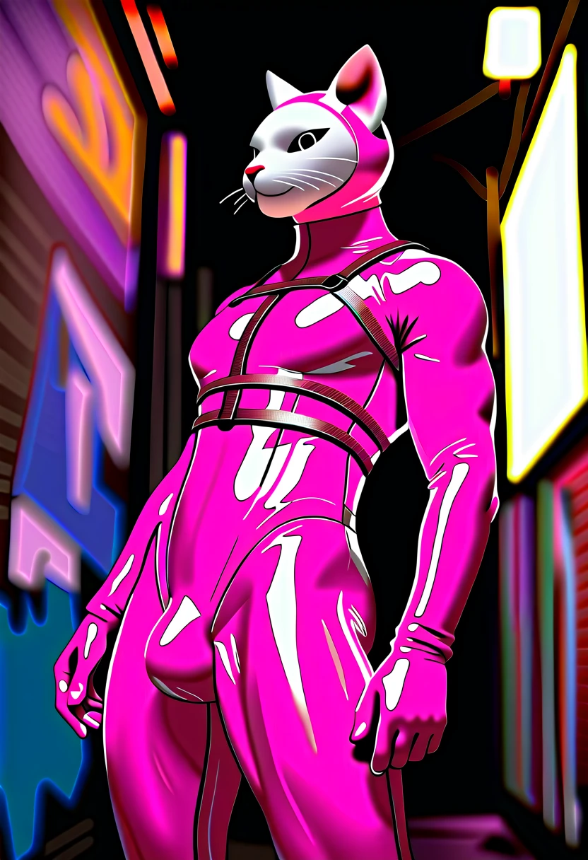 Highest quality, Highest quality, masterpiece, Ultra-high resolution, Detailed Background, alley, night, wall graffiti art, Absurd, Perfect Anatomy, performance, Good lighting, Shadows in the movies(kemono, Furry PersonifiCation), Cat, Muscle Body, Pink Rubber Suit, latex, neon, neonライト, neonカラー, Bodysuits, Cyber Suit, cyber punk, Rubber head, Harness, big bulge, From the side, Dynamic Angle, nsfw