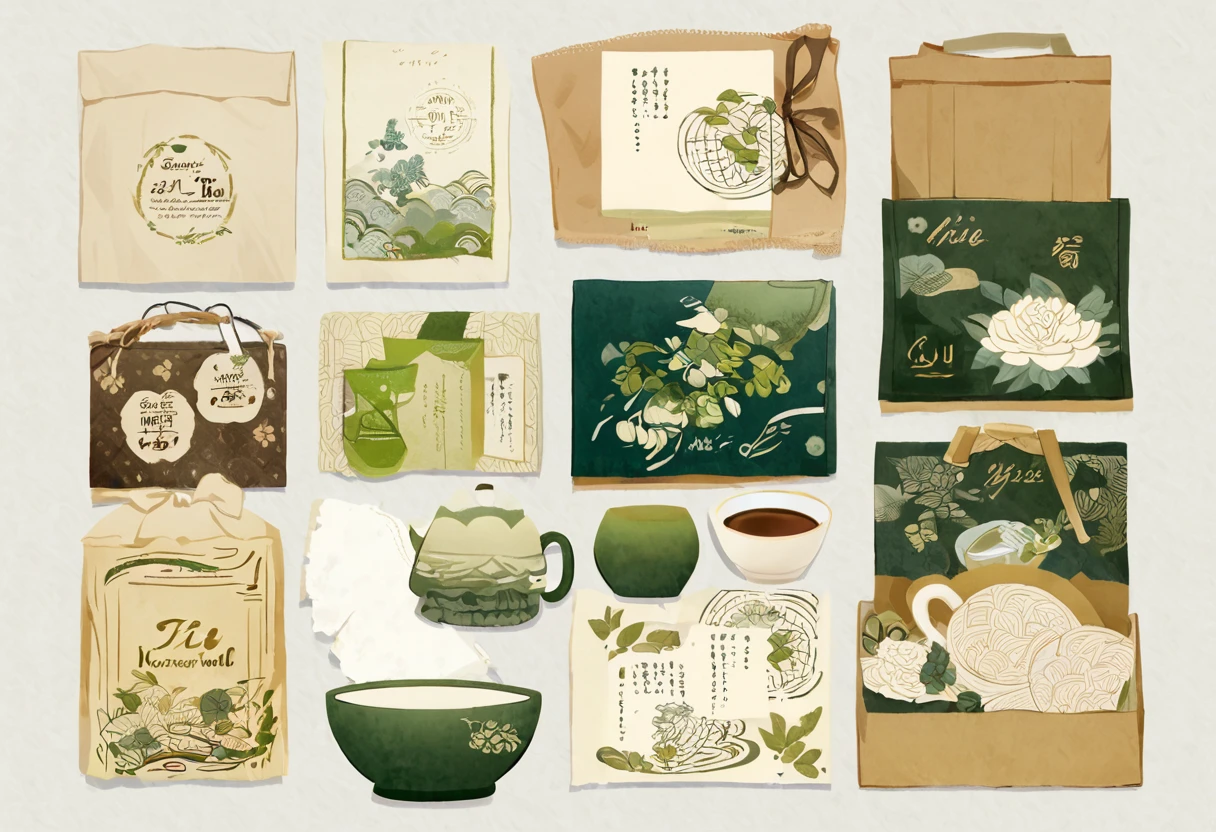 A set of tea sets for casual relaxation with illustrations,calligraphic fonts with green tones,coffee bags,paper bags,prints and accessories,with the theme of the harvest world,clean light gray background,(niji:2),hand-drawn,illustration style