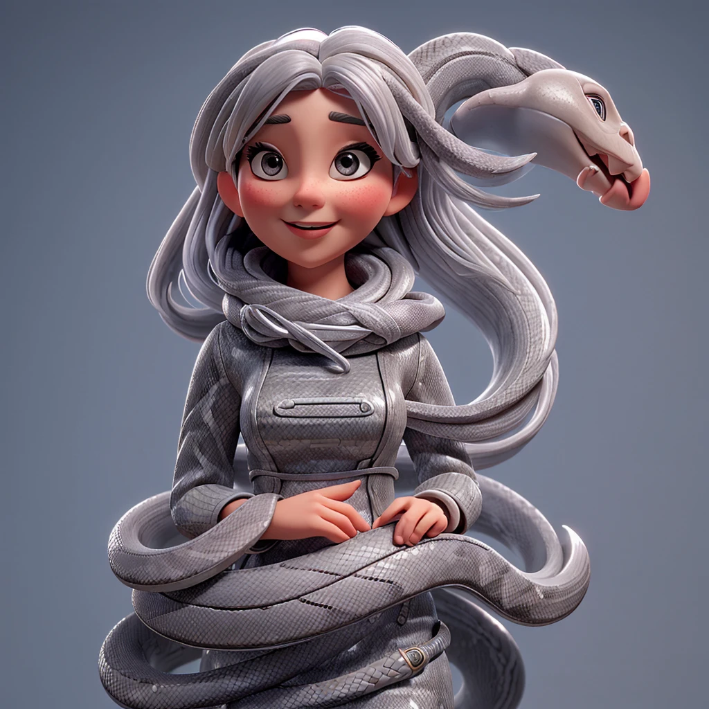 A woman with silver hair with a gray snake wrapped around her and her tongue sticking out