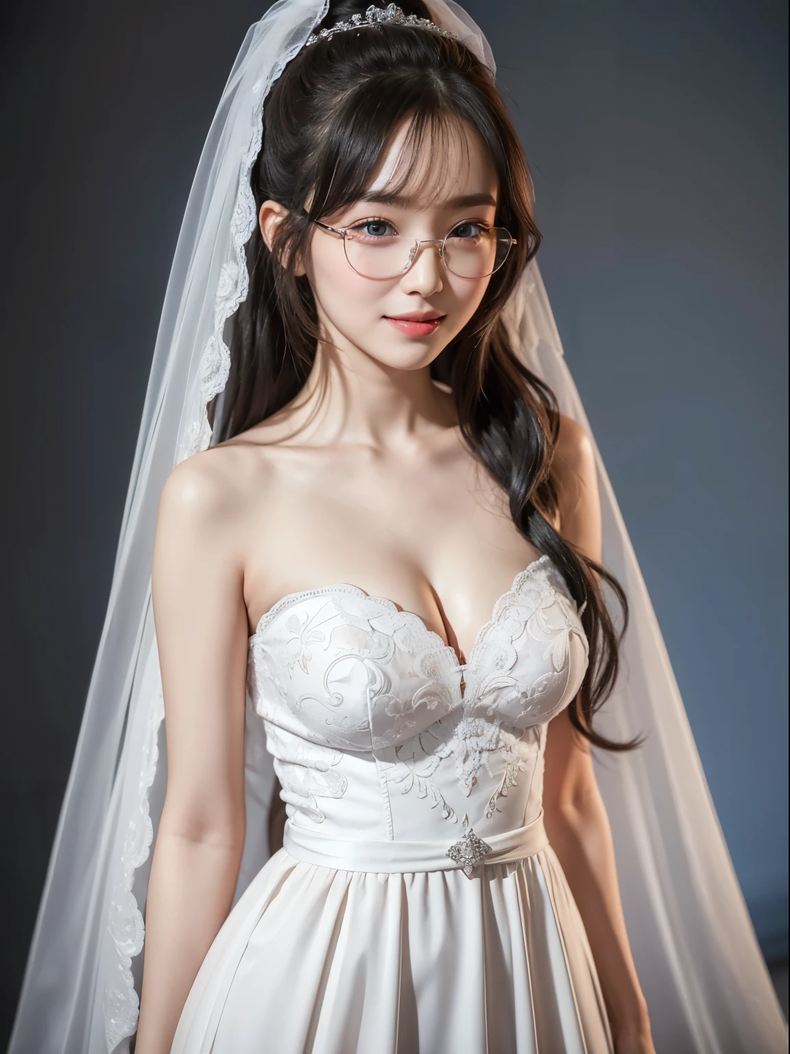 (Best quality, masterpiece, detailed), (RAW, 4k, hd images), shy, 1 girl, , white skin, long hair, ponytail, layers hair, bangs, black hair, beautiful girl, cute girl, sweet girl, pretty girl, perfect girl, pretty eyes, blue eyes, thin lips, thin, eye line, perfect round breast, glasses(detailed frame), simple background, smile, waist, hips, wedding dress, veil wedding, random angle capture, half body, standing, potrait