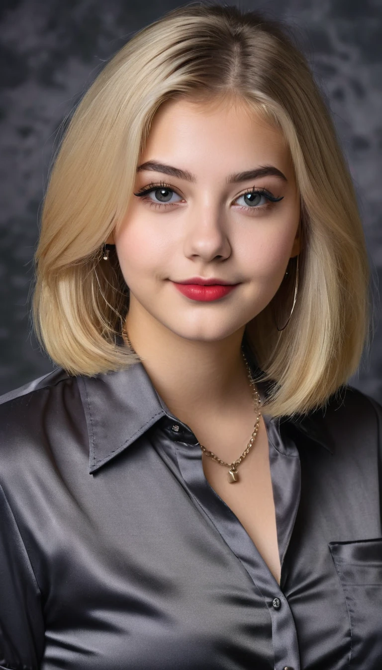 ultrarealistic high quality mugshot photo of a beautiful busty european 18-year-old teen girl with cute hyperdetailed shy happy face and shoulder length platin-blonde classic bob and long legs, realistic round eyes, black lipgloss, decent makeup with eyeliner, wearing black button-up satin blouse, cleavage, hourglass body, indoor office photography