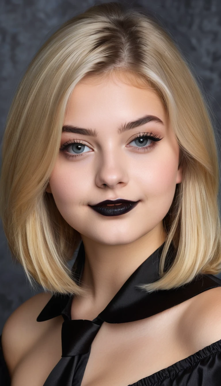 ultrarealistic high quality mugshot photo of a beautiful busty european 18-year-old girl with cute hyperdetailed shy happy face and shoulder length platin-blonde classic bob and long legs, realistic round eyes, black lipgloss, decent makeup with eyeliner, wearing black button-up satin blouse, cleavage, hourglass body, indoor office photography