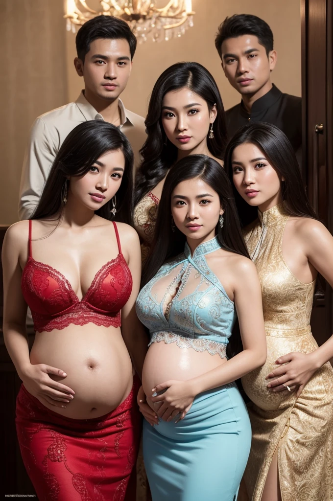 1 Family, Potrait of 3 wife Indonesian-chinese uighur girl(early pregnant),topless, naked, 1 Indonesian boy (24 years old(husband)), Harem (Polygamy), long fashion hair, fit body, small cleavage, skintight red lace kebaya, batik skirt, masterpiece, highly detailed, ultra hd, 8k, detailed face, detailed eyes, perfect eyes, detailed skin texture, detailed lips, sexy lips, perfect hands, dynamic angle, cowboy shot, rich family