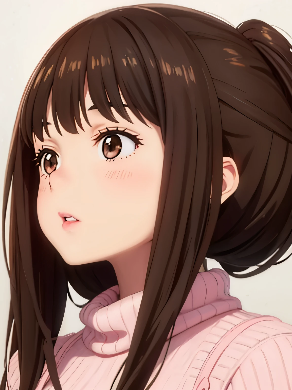 Girl, long straight brown hair, brown eyes, sharp features, white skin, pink lips, perfect, sweater
