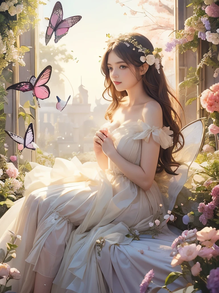 Beautiful girl in a fairy costume, Surrounded by flowers and butterflies. content: Watercolor. style: Whimsical and delicate, Like an illustration in a children's book. Highest quality, Ultra high definition, Highest Resolution:1.2, masterpiece,