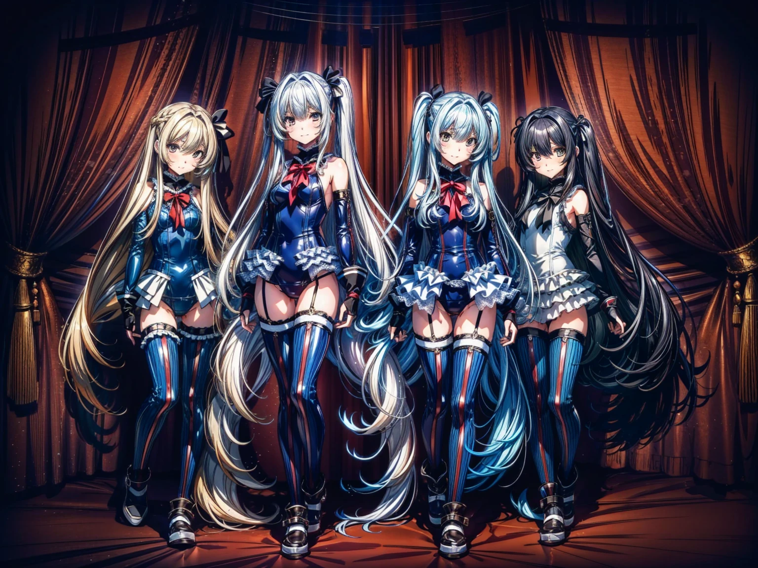 Masterpiece, Very detailed, Highest quality, Sharp focus, 12k, ultra hi resolution picture, big ,12k,Perfect Anatomy, Highest quality, Marie Rose,,Provocative attitude
,,evilSmile,Anime Style,(frilled swimsuit,thighhighs,detached sleeves), (Anime Style:1.4) ,
,(White fingers:1.1,Black gloves),
Hollow Eyes,,(3 little girls)、,(Very long hair:1.6),(full body:1.3),Inside the base