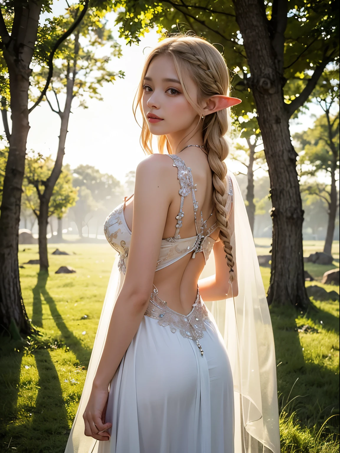 An elegant elf girl standing on the grassland, A delicate face illuminated by the soft light of the setting sun. Her long, Flowing hair running down her back, Decorated with intricate braids、Adorned with sparkling jewels. This great photo is、、、It captures the mysterious beauty of elves.. A slender figure in a silk dress、Swaying in the soft grassland breeze. Attention to detail、Face、Face、Face、Face、This is evident in the intricate pattern of the dress and the subtle highlights of the light.. skin. The breathtaking depiction of the elven girl、、、、、Create an enchanting atmosphere、Invite the viewer into a magical world. Transparent blonde hair,