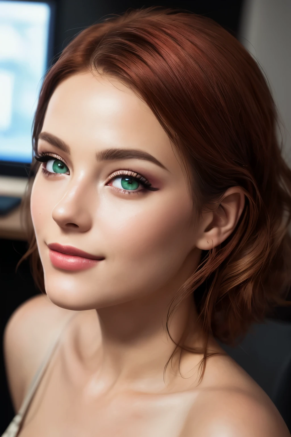 (best quality,4k,8 K,a high resolution,masterpiece:1.2),ultra-detailed,(realistic,photorealistic,photorealistic:1.37), I am you, You are me, shy smile, Red hair, gray-green eyes, Makeup artists do makeup for celebritieasterpiece:1.2), best quality, masterpiece, a high resolution, original, Extremely detailed wallpaper, perfect lighting,(Extremely detailed computer graphics:1.2)