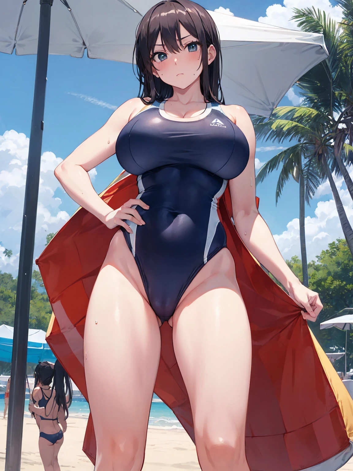 （Sweat, White skin:1.5、Aggressive Pose, ）, cameltoe, Fitness, , ((Beach volleyball swimsuit)),Big Breasts, Sturdy body、Healthy Body、((Big Eyes in Anime)), back
