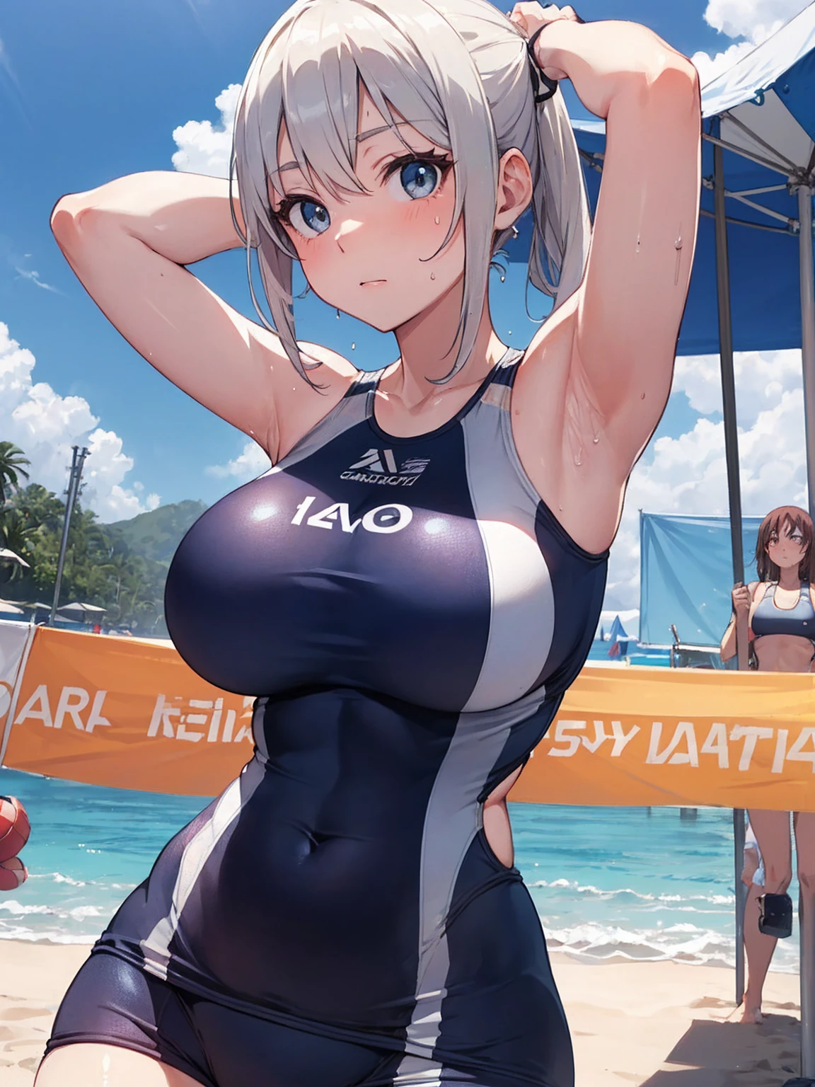 （Sweat, White skin:1.5、Aggressive Pose, ）, cameltoe, Fitness, , ((Beach volleyball swimsuit)),Big Breasts, Sturdy body、Healthy Body、((Big Eyes in Anime)), back
