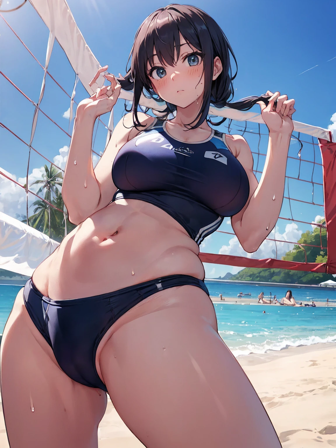 (Sweat, White skin:1.5、Aggressive Pose, ), cameltoe, Fitness, , ((Beach volleyball swimsuit)),Big Breasts, Sturdy body、Healthy Body、((Big Eyes in Anime)), back
