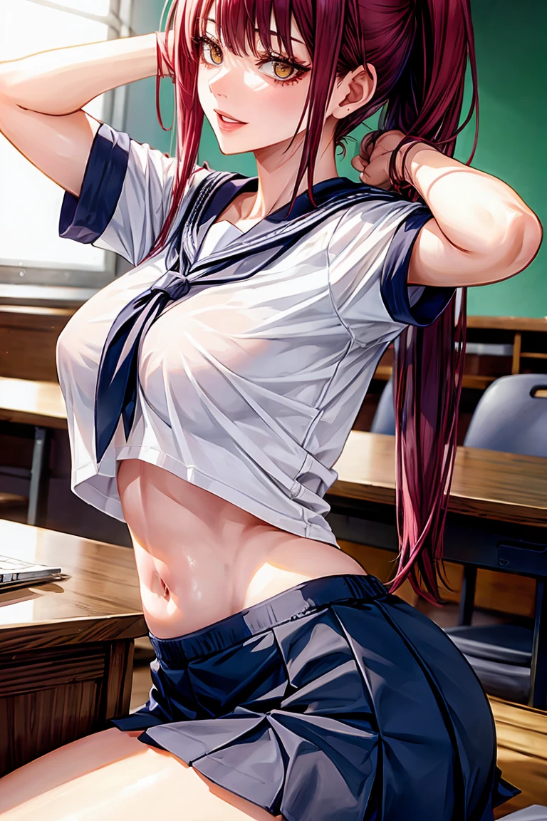 Makima (Chainsaw Man), woman, sexy woman, mature female, mommy, sharp eyes, detailed lips, big breast, short sleeves sailor uniform, sexy sit, classroom, evil smiling, seductive lips, adjusting hair, short skirt, hunter eyes, looking back, midriff peek, earrings , high pony tail 