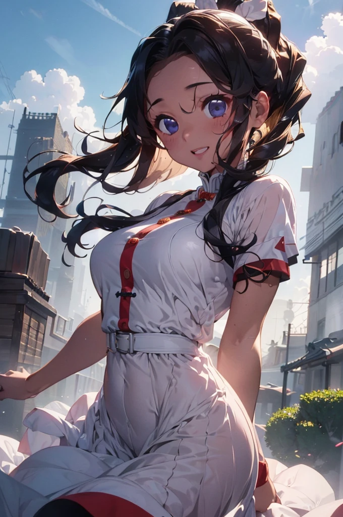 (Highest quality、masterpiece、8k)、(((whole body、Are standing、China dress、One Woman)))、Blushing、laughing、Sweat、Wet、Attractive lips、Glowing Skin、Fair skin、High Ponytail、Wavy Hair、Perfect hands、Perfect Fingers、Perfect breasts、Perfect Hair、Perfect Face、Perfect body